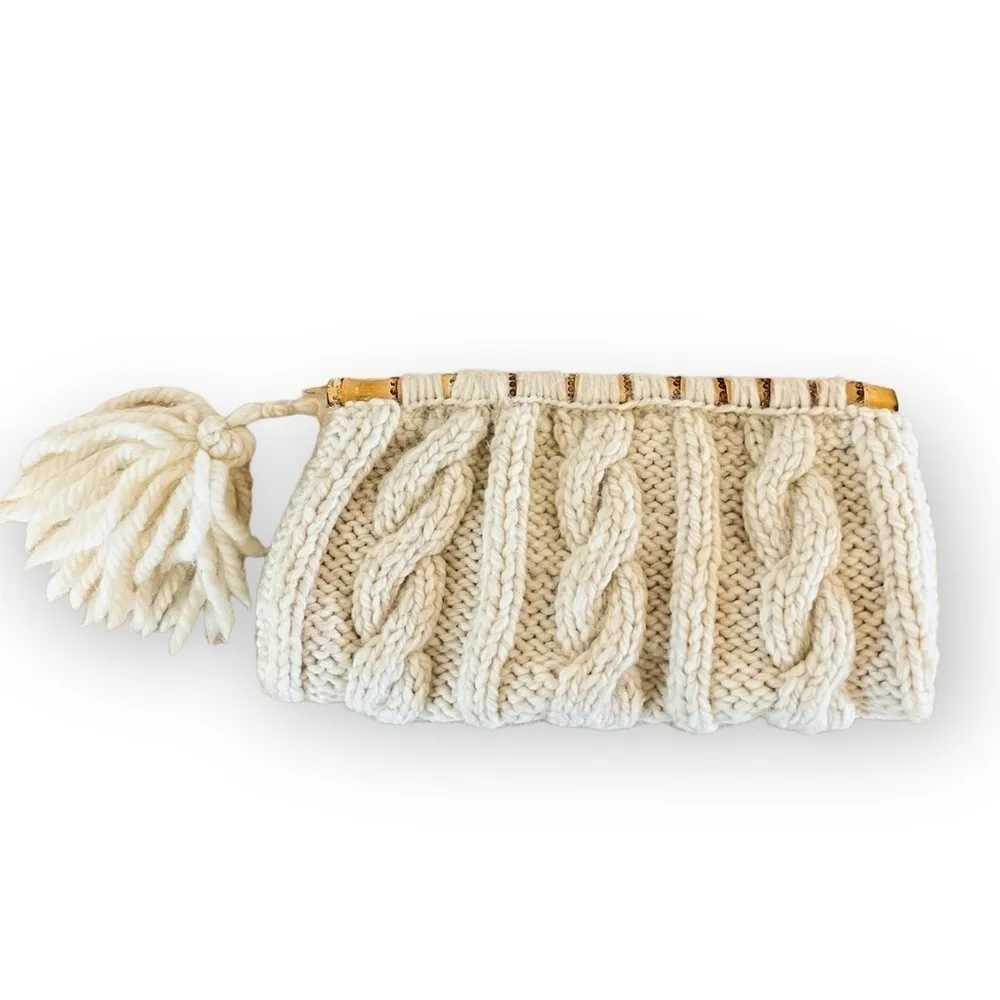 Handmade Cableknit Sweater Bamboo Handle Tassle Clutch Bag Ivory - Image 3