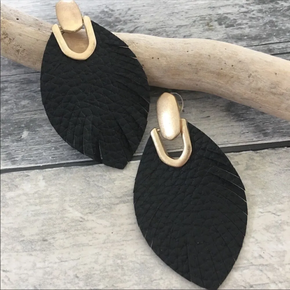 Black Vegan leather leaf earrings w/ brush gold - Image 6