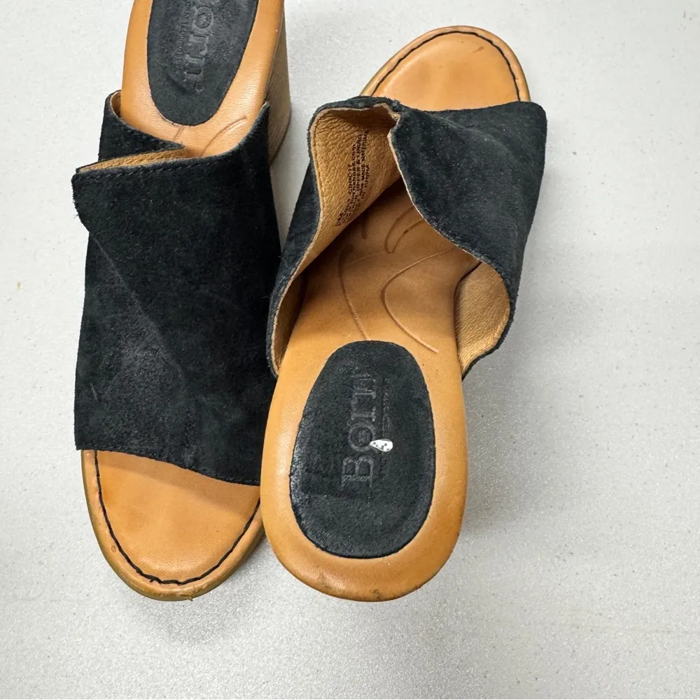 Born Black Suede Peep Toe Mule Stacked Heel Womens 8 Slip On Boho Comfort Shoes - Image 5