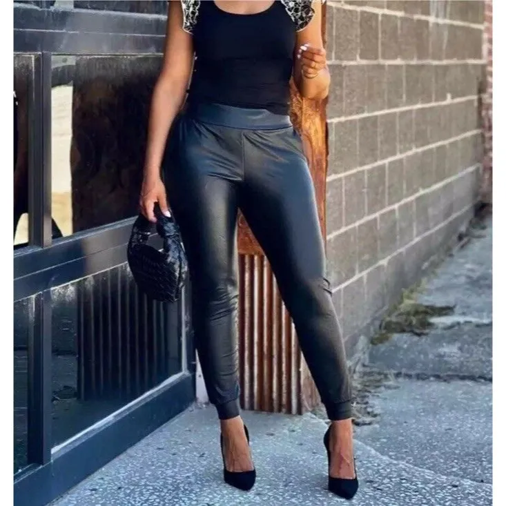 Commando Joggers Womens Small Faux Vegan Leather Pull On Pants Black Pockets - Image 9