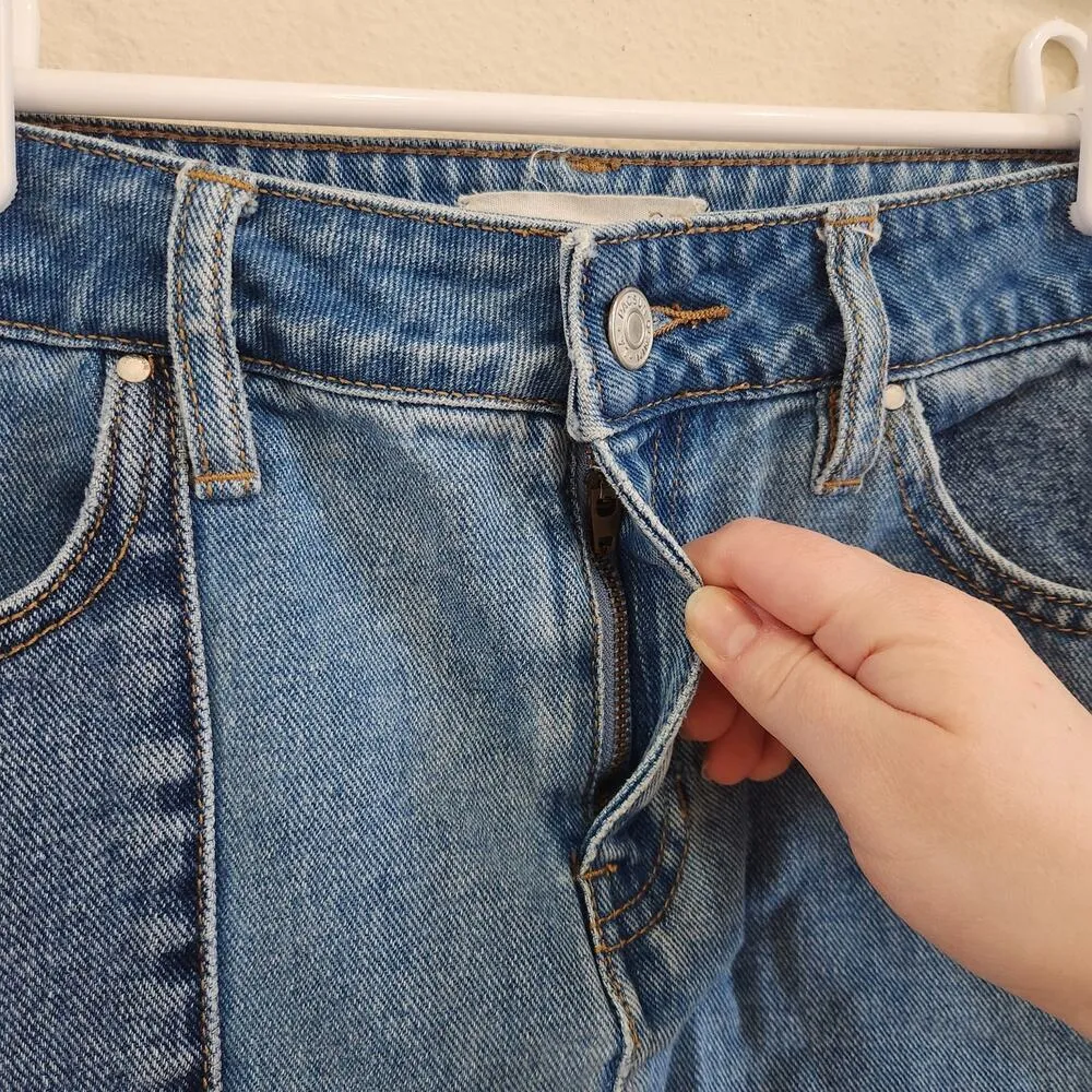 Y2K Vintage Pacsun Patchwork Denim Mini Skirt Blue Cotton Raw Hem Size 25 - Image 8