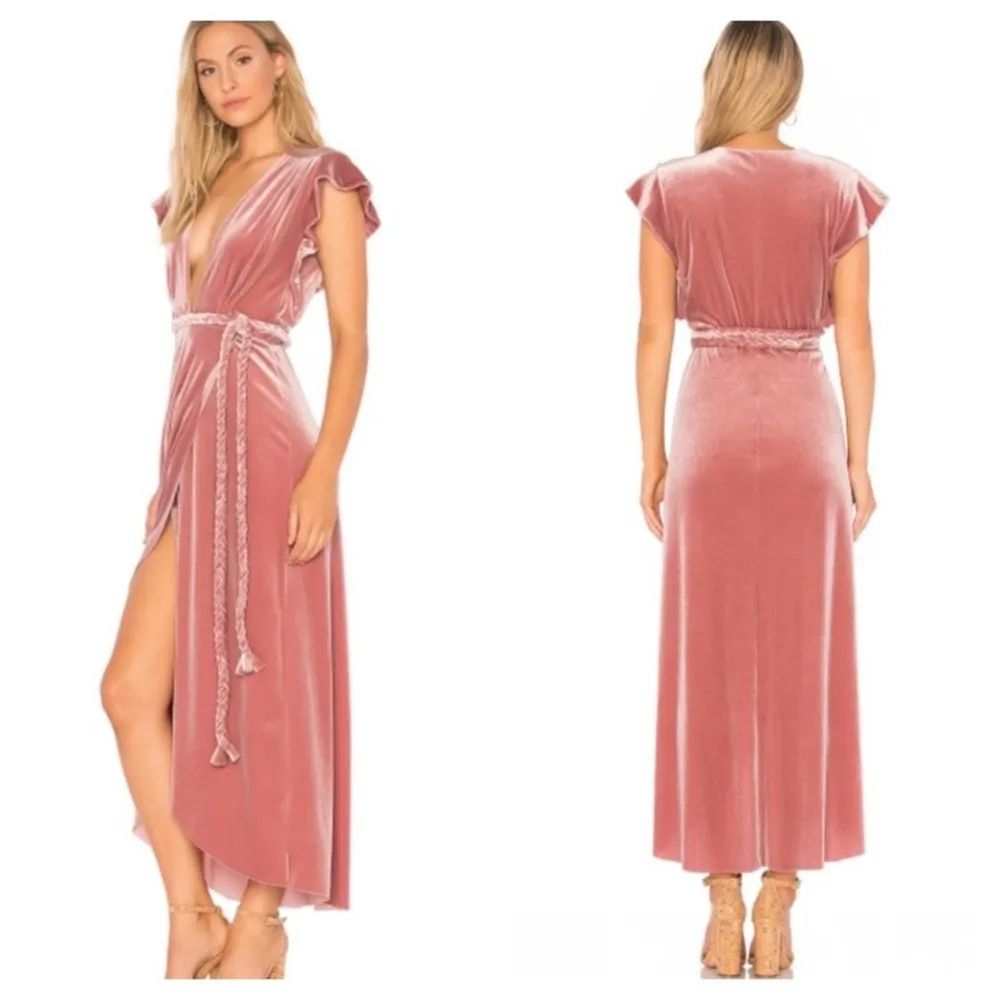 MISA Los Angeles Carolina Pink Crushed Velvet Ruffle Wrap Maxi Dress Small - Image 8