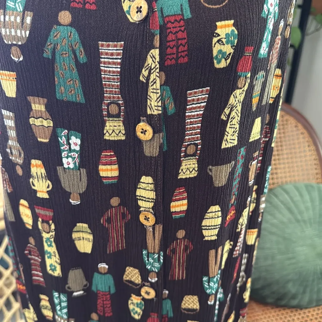 Vintage 90s Carole Little Chocolate Brown Ethnic Print Button Up Maxi Dress Size M - Image 3