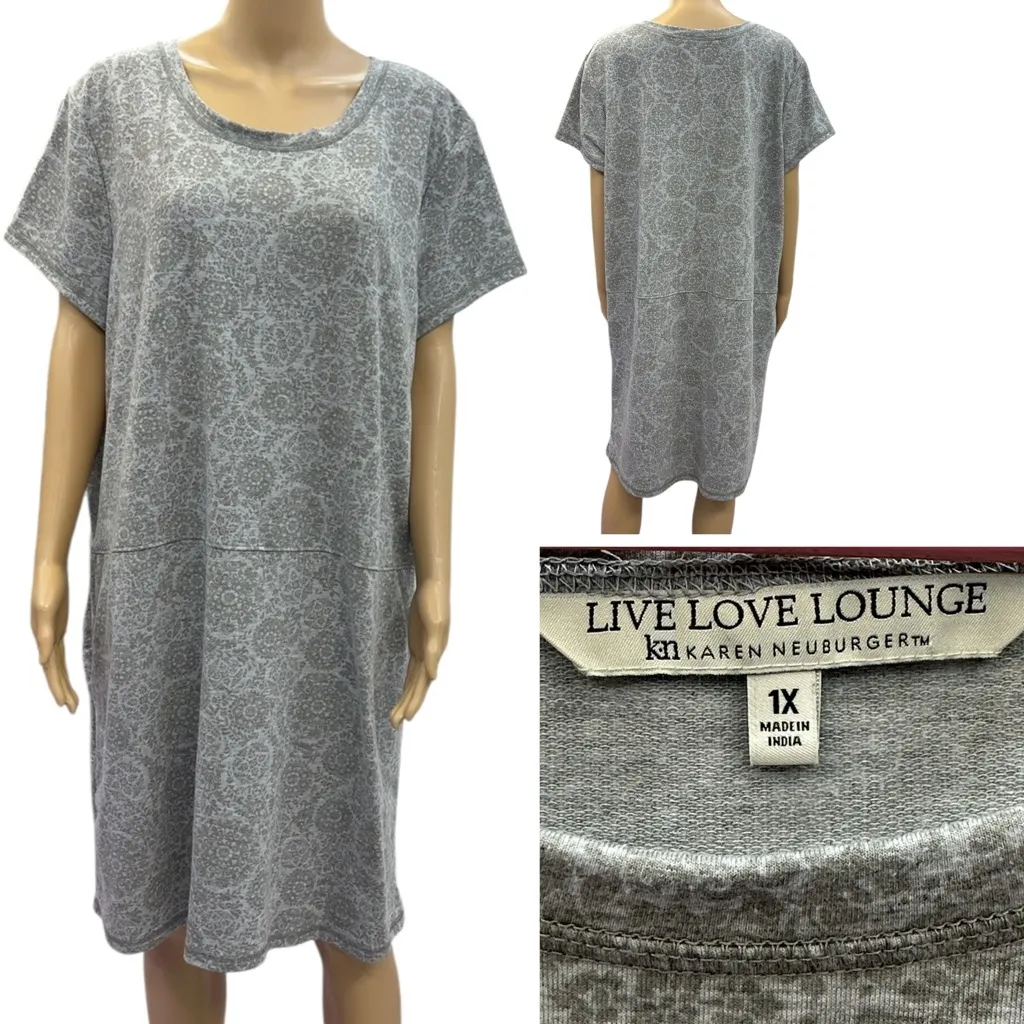 Live Love Lounge Karen Neuburger Gray Printed Loungewear Dress with Pocket 1X - Image 2