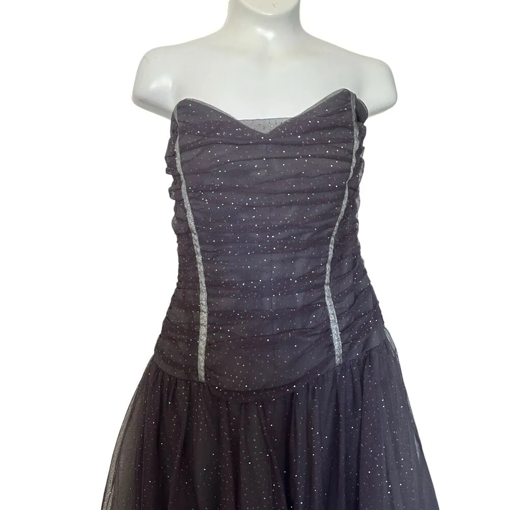 Betsey Johnson Vintage Y2K Sweetheart Strapless Dress Size 8 Gray Tulle Sparkle - Image 3