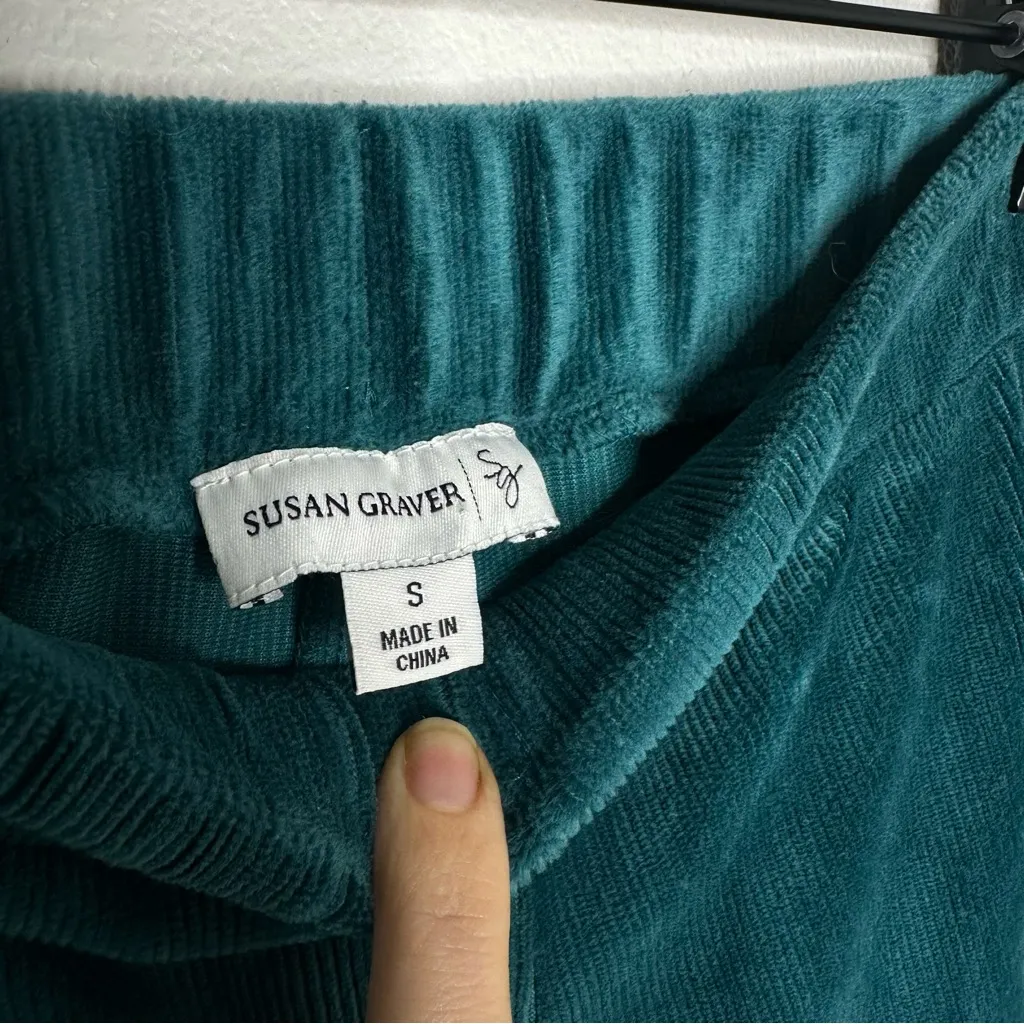 Susan Graver Teal Velvet Pants Stretch High Rise Pull On Wide Leg Soft L Green - Image 5