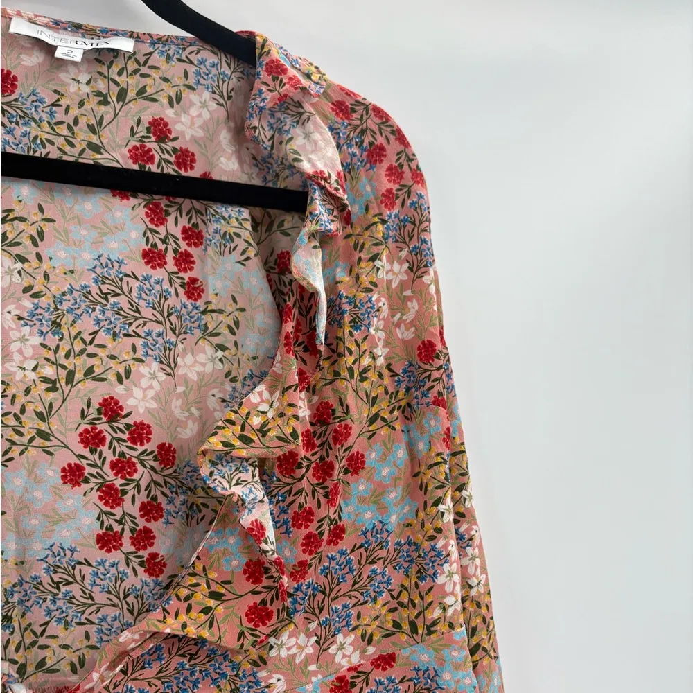 INTERMIX Silk printed Floral Ruffle Blouse Top Tie Front V-Neck Boho size 2 - Image 8