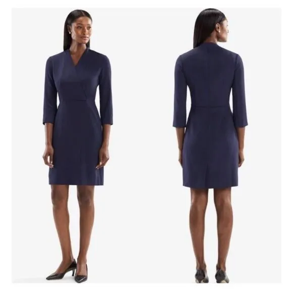 MM Lafleur Niko Dress Size 6 Blue Faux Wrap 3/4th Sleeves Knee Length Career - Image 2