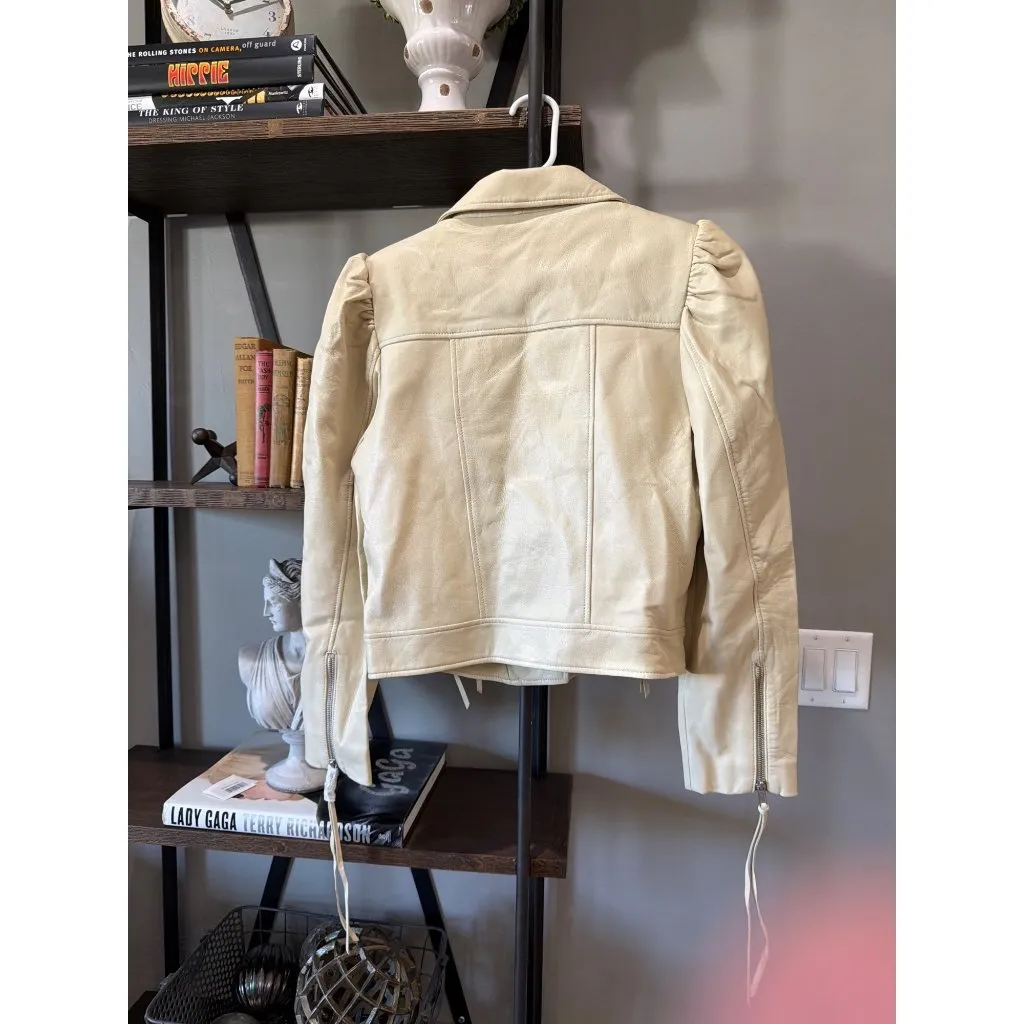 retrofete Lo Leather Biker Jacket Cream Womens Size Large Tan - Image 5