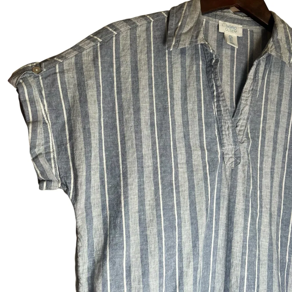 Sigrid Olsen Linen Cotton Blue Striped Popover Short Sleeve Top Sz Small Boho - Image 2