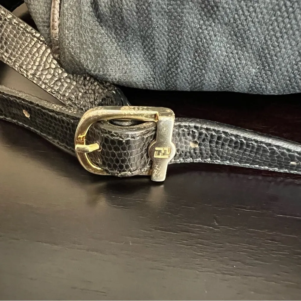 FENDI Vintage leather and coated canvas bag, striped, black 14”x10”, authentic - Image 8