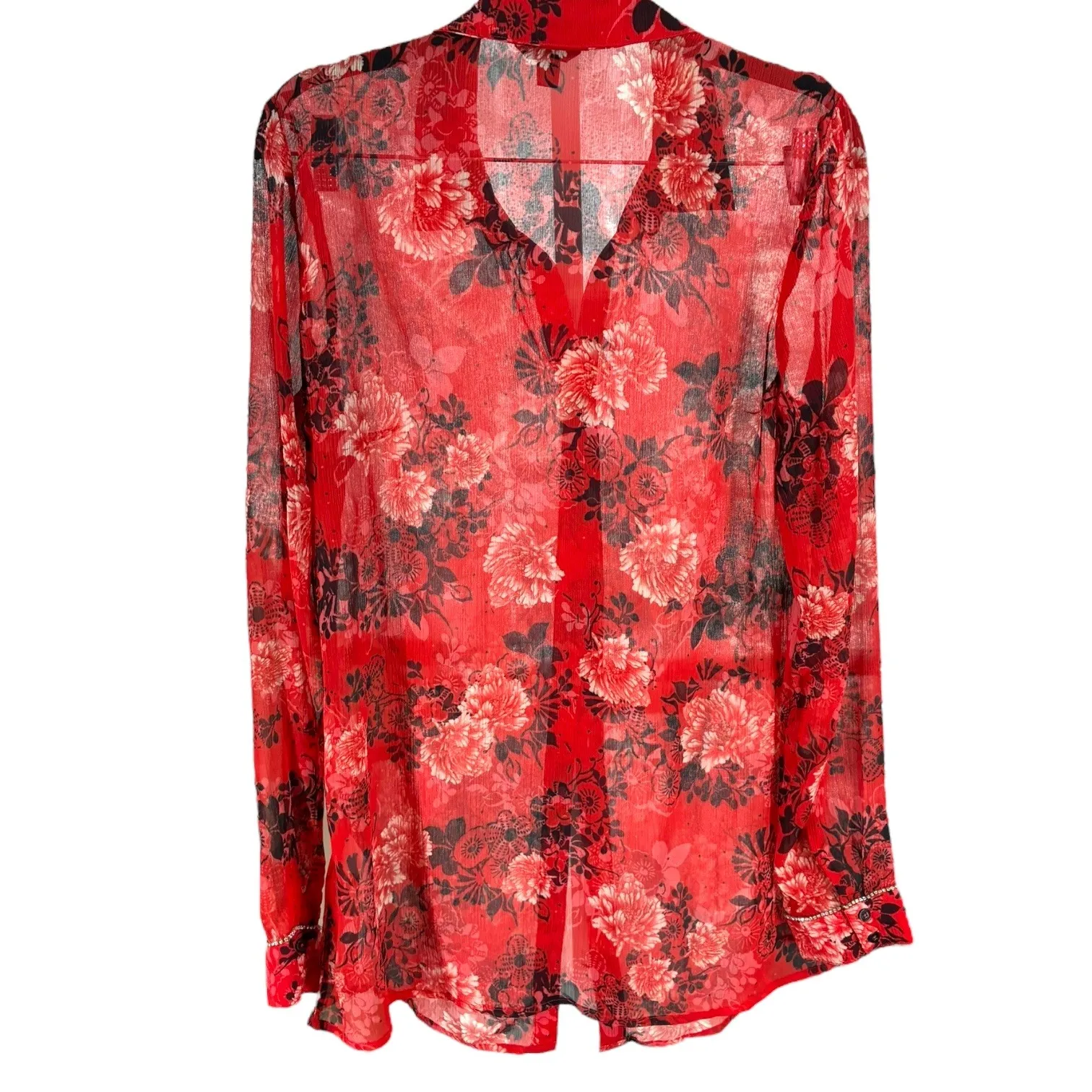 Guess Red Floral Sheer Button Up Long Sleeve Shirt Blouse Size L - Image 6