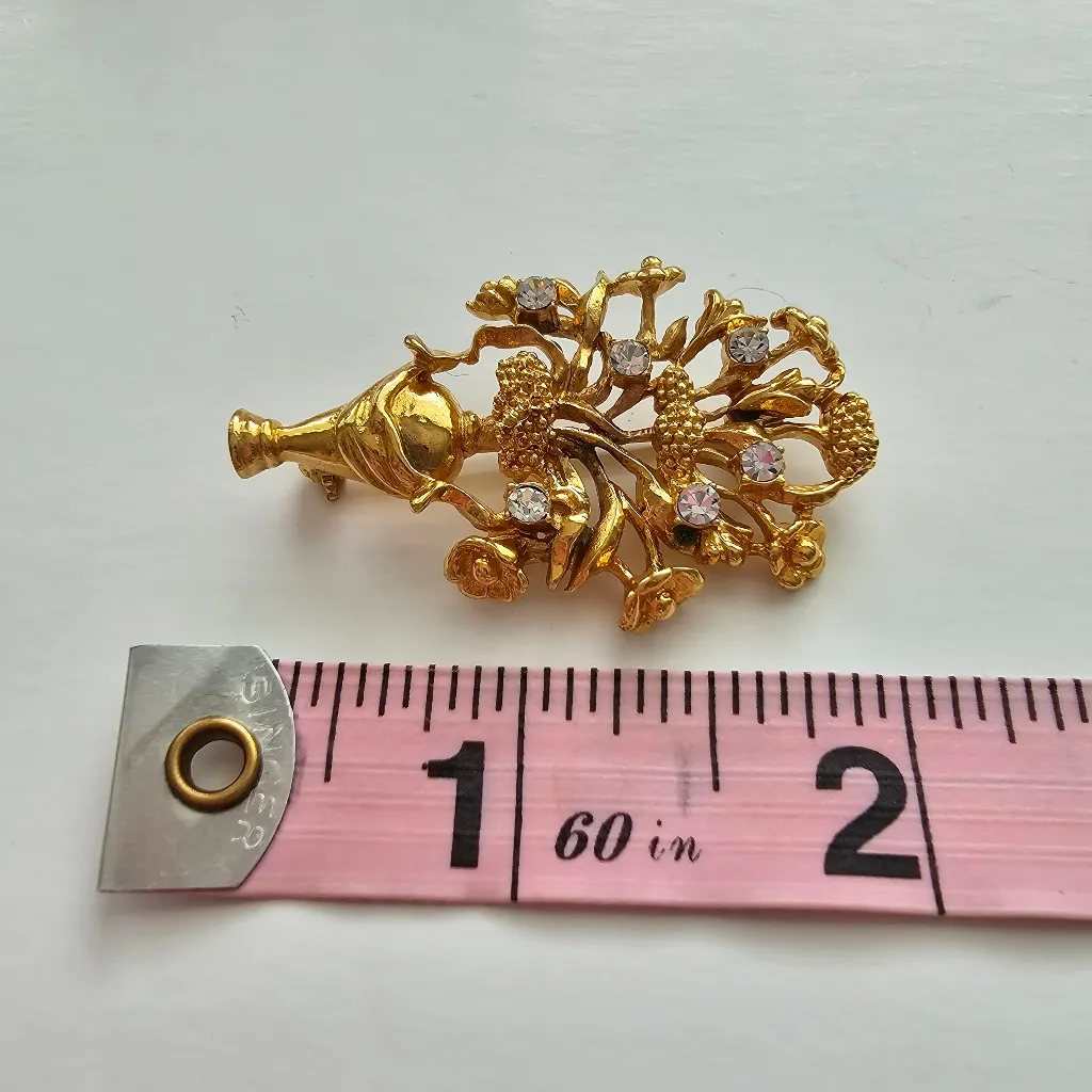 Flower Vase Gold Tone Metal Clear Rhinestones Pin Brooch - Image 3