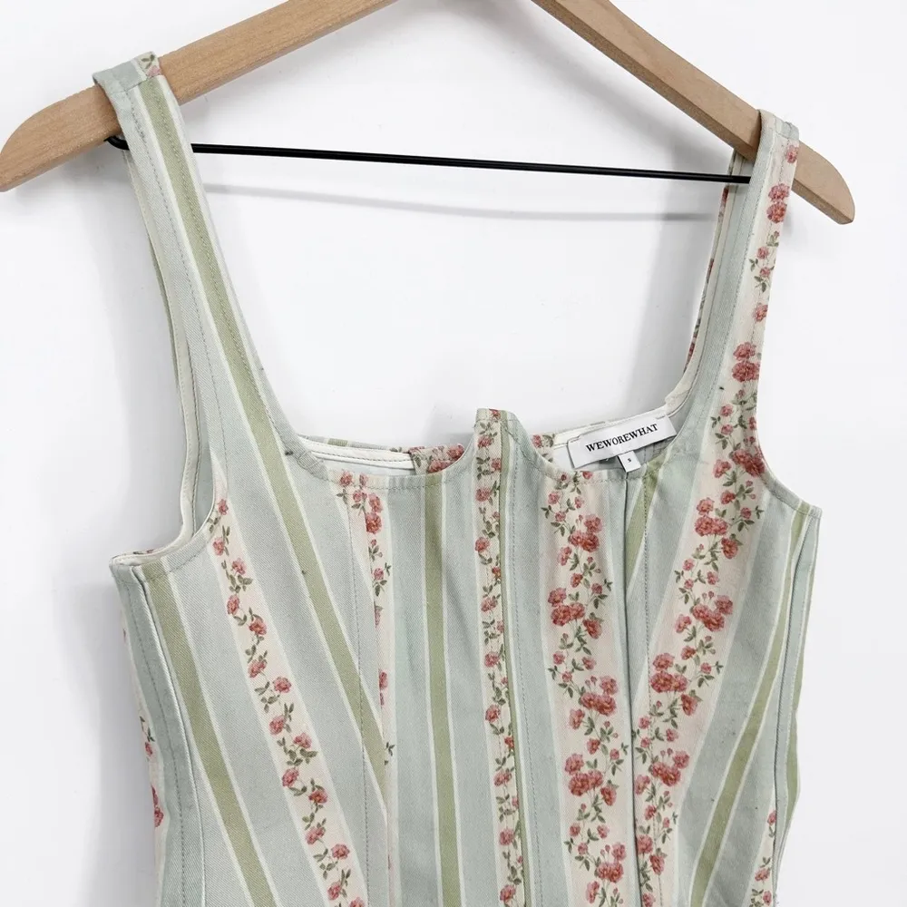 WEWOREWHAT Seamed Floral Striped Corset Top Pastel Green Women's Small - Image 3