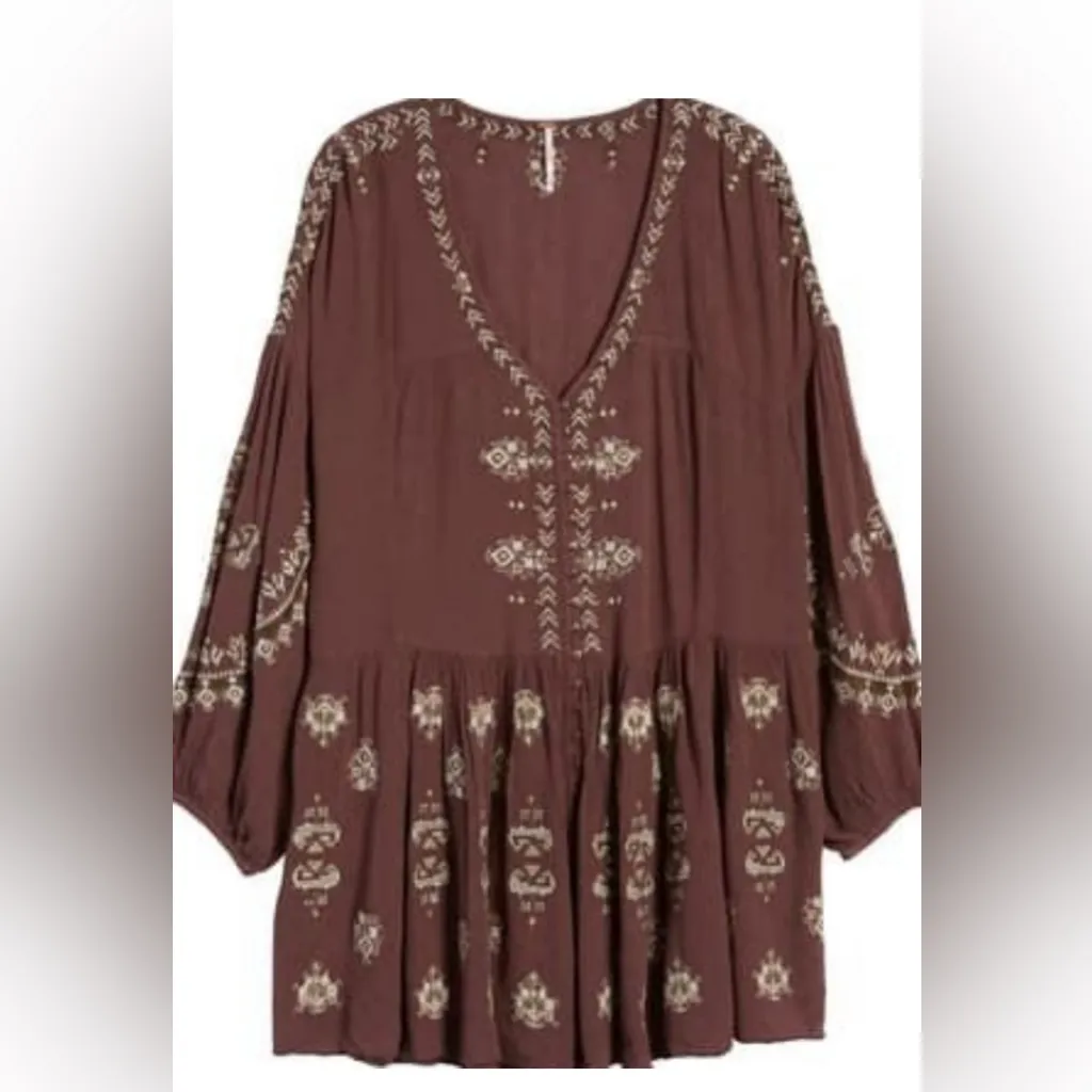 Free People Boho Arianna Tunic Flowey
Embroidered Brown Top S - Image 3