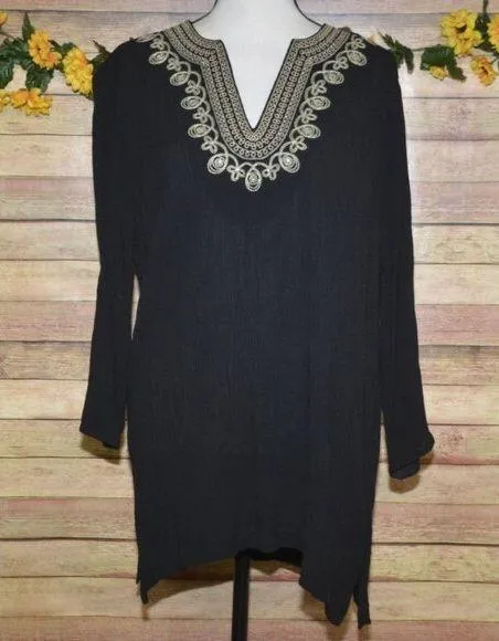 Cathy Daniels Ladies Black Tunic Blouse Top Size M Embroidered V-Neck Crystals - Image 1