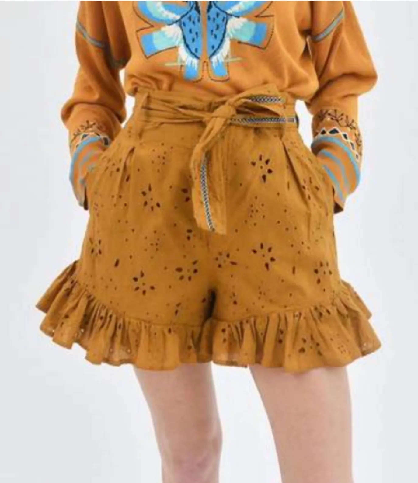 NWT Chufy Teos Organic Cotton Shorts Eyelet Ruffle Mustard Yellow Size Small Yellow - Image 1