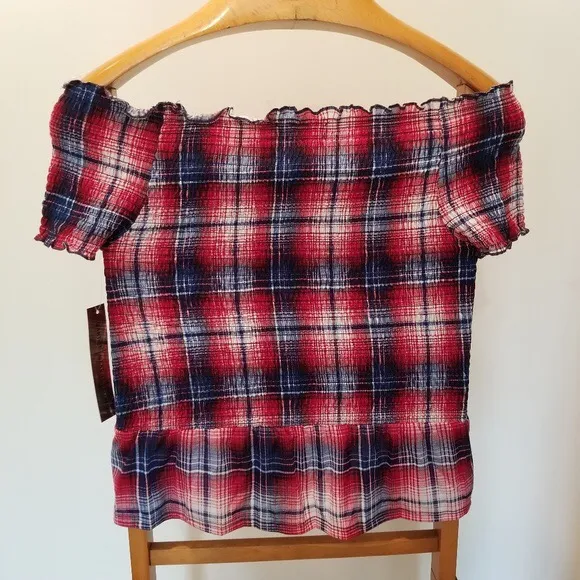 Almost Famous Plaid Red Blue White Off Shoulder - Image 2
