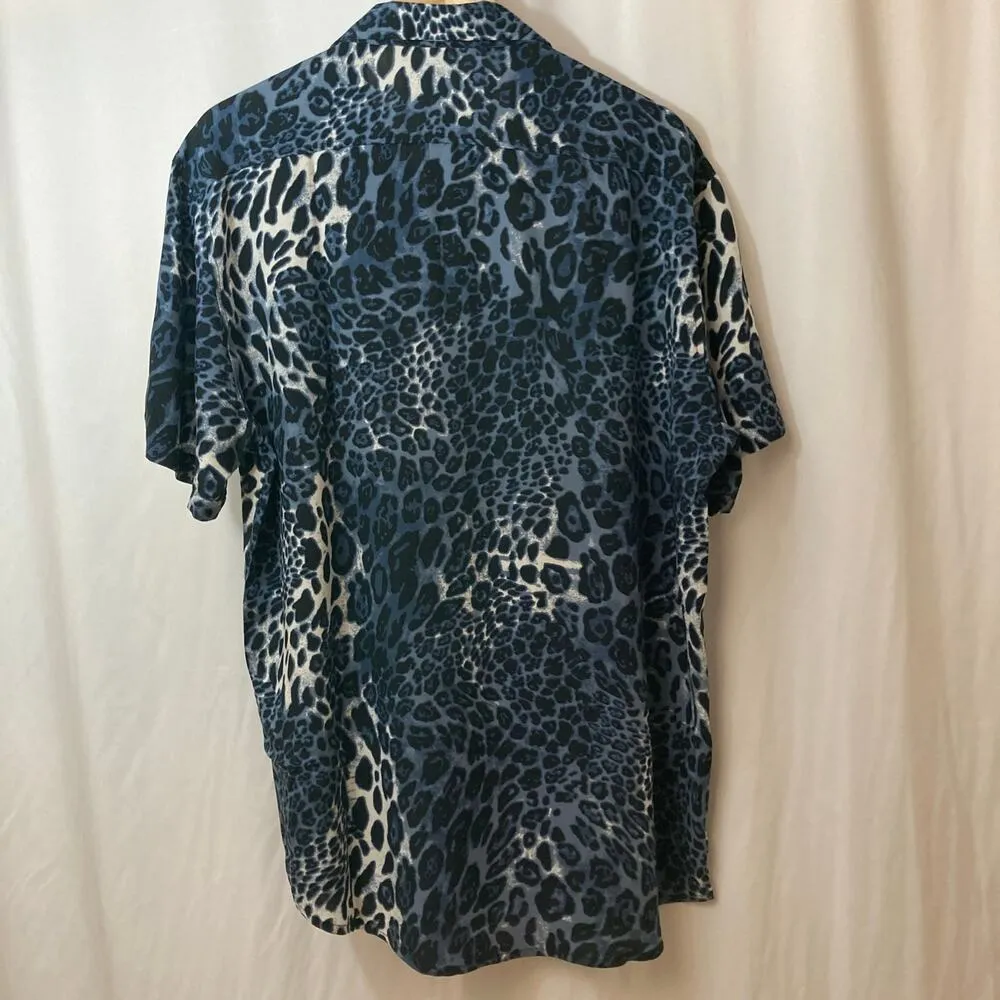 Blue Leopard Animal Print Lightweight Short Sleeve Button Up Shirt Blouse Top Size L - Image 7