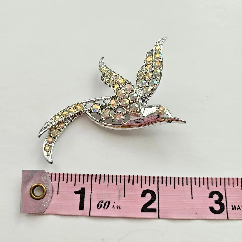 Sarah Coventry Bird Of Paradise Aurora Borealis Rhinestones Silver Tone Brooch - Image 4