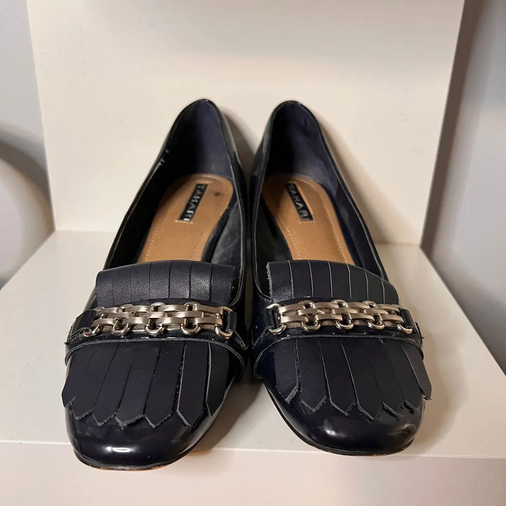 Navy Blue Patent‎ Leather Block Heel Loafers with Chain Detail & Fringe - Image 6