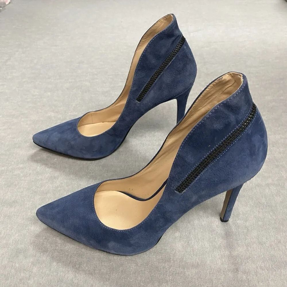 NINE WEST 8M Felycia Blue Suede Leather Faux Zipper Counter Stiletto High Heels - Image 2