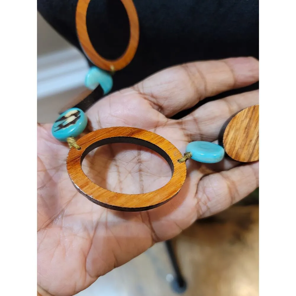 Women's Natural Wood And Turquoise Beaded Necklace With Adjustable Cord Tie Gold - Image 7