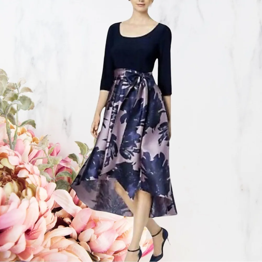 🍁Women’s Formal Dress~ R&M Richards Navy Lilac~  Tie Waist, Floral Skirt SZ 18 - Image 2