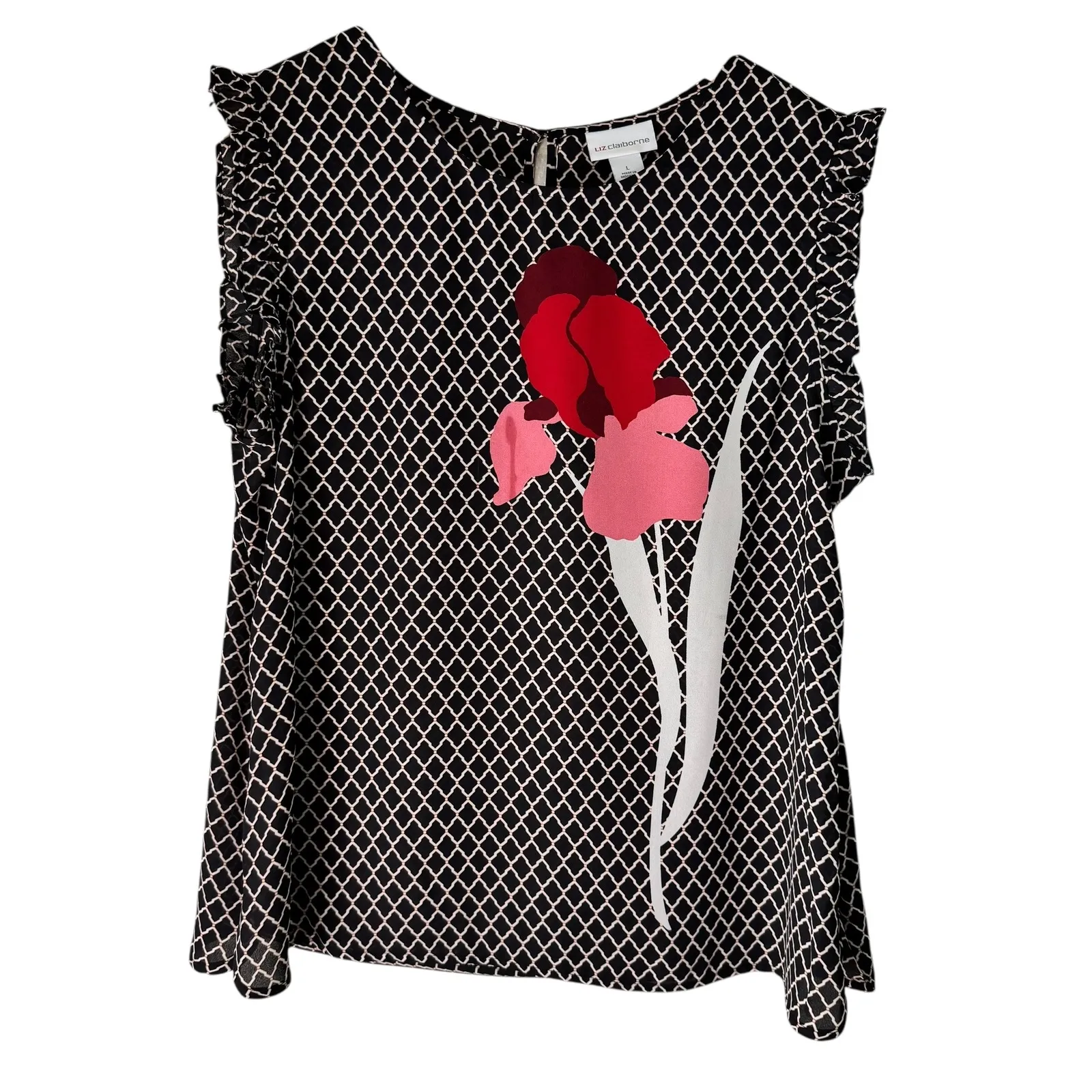 Liz Claiborne Black Diamond Print Floral Sleeveless Top - Size L - Image 2