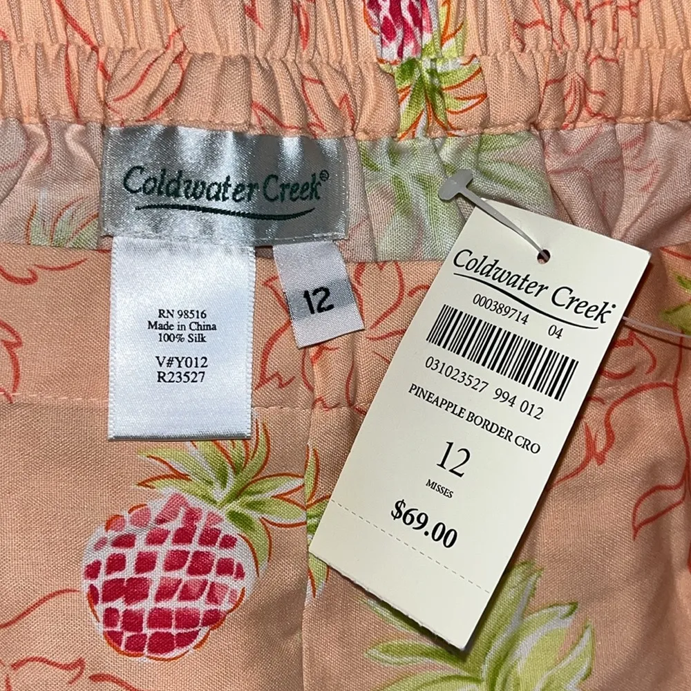 Coldwater Creek NWT Sz 12 Pineapple Border Print 100% Silk Cropped Pull-On Pants - Image 5
