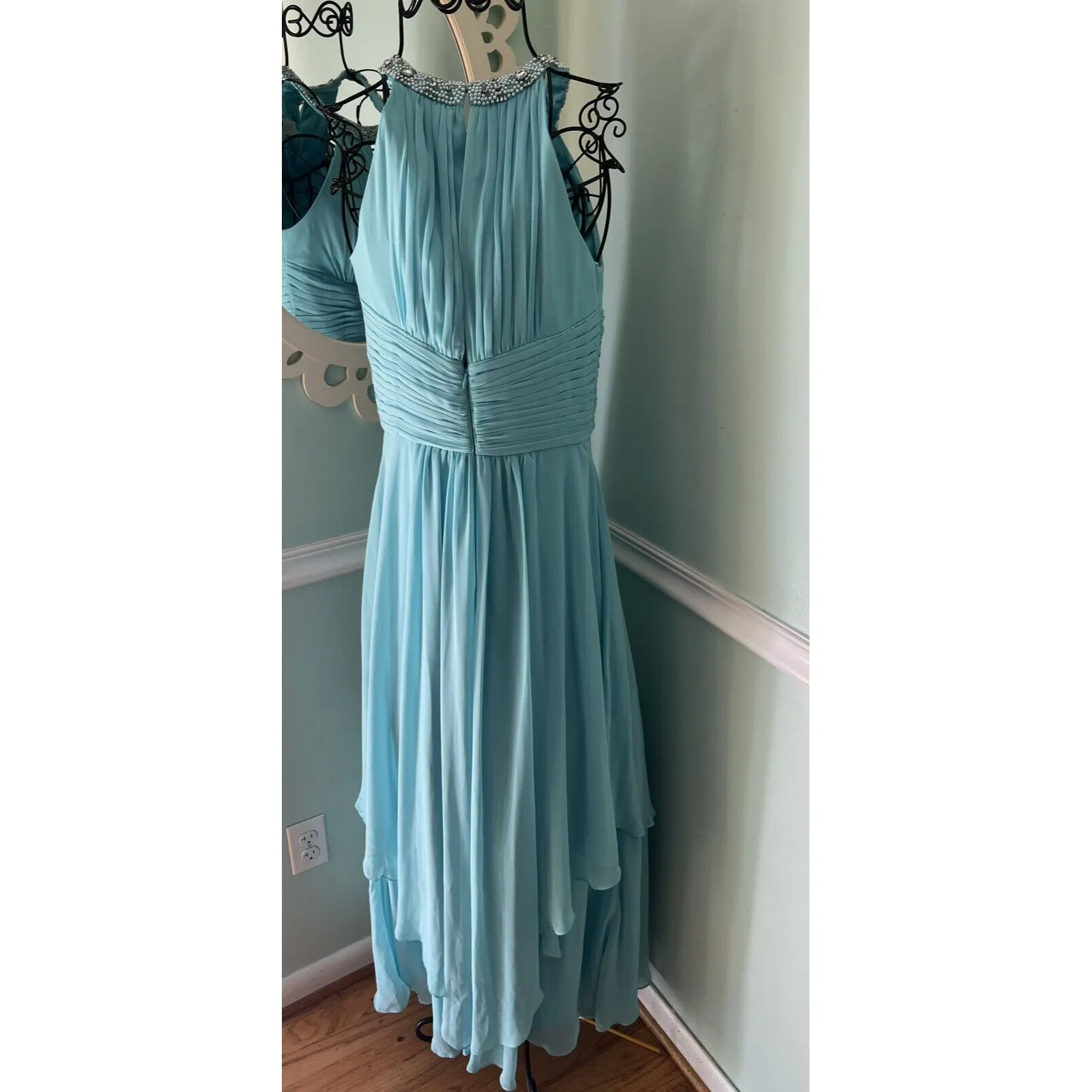 $240 ELIZA J Embellished Tiered Chiffon Halter Gown formal AQUA WHISPER‎ 4 - Image 5