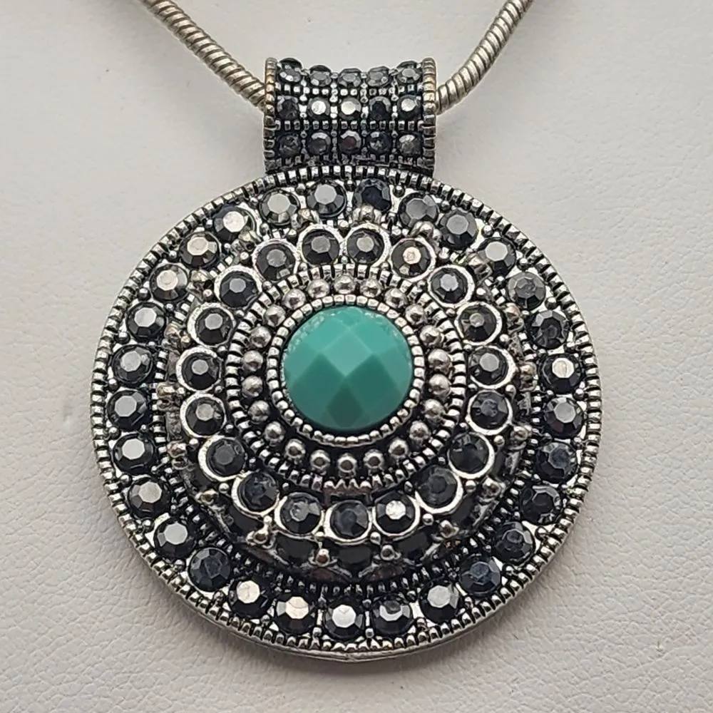 Trifari Silver Tone Blue & Gunmetal Rhinestone Medallion Necklace - Image 2