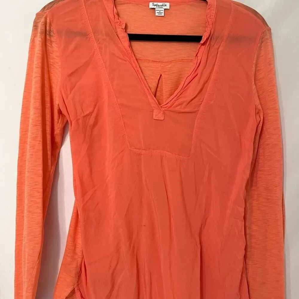 Splendid Coral Orange V Neck Long Sleeve Blouse Womens XS Long Sleeve Casual - Image 3