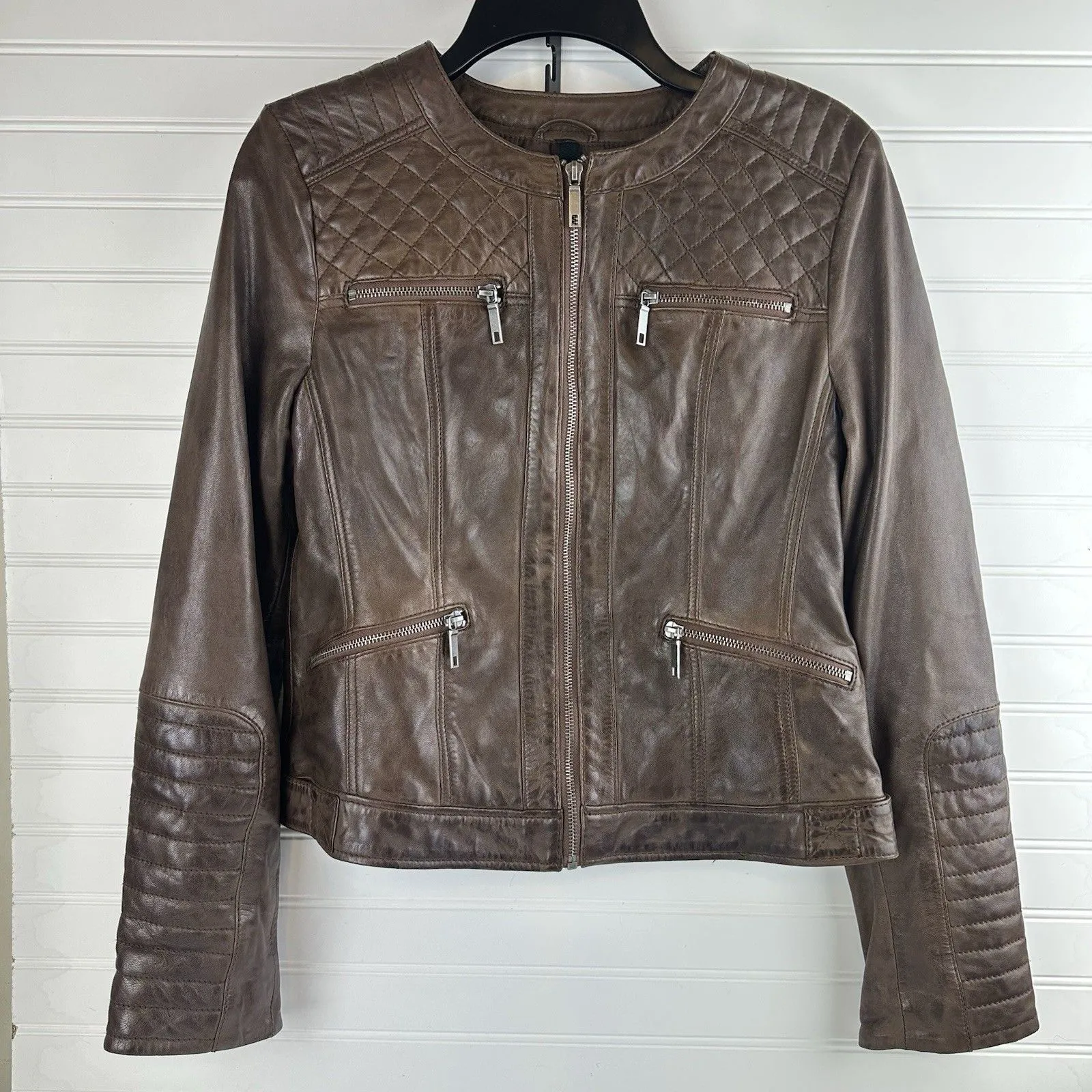 Brown Leather Moto Racing Biker Jacket Womens Small Full Zip Quilted Butter Soft - Image 2