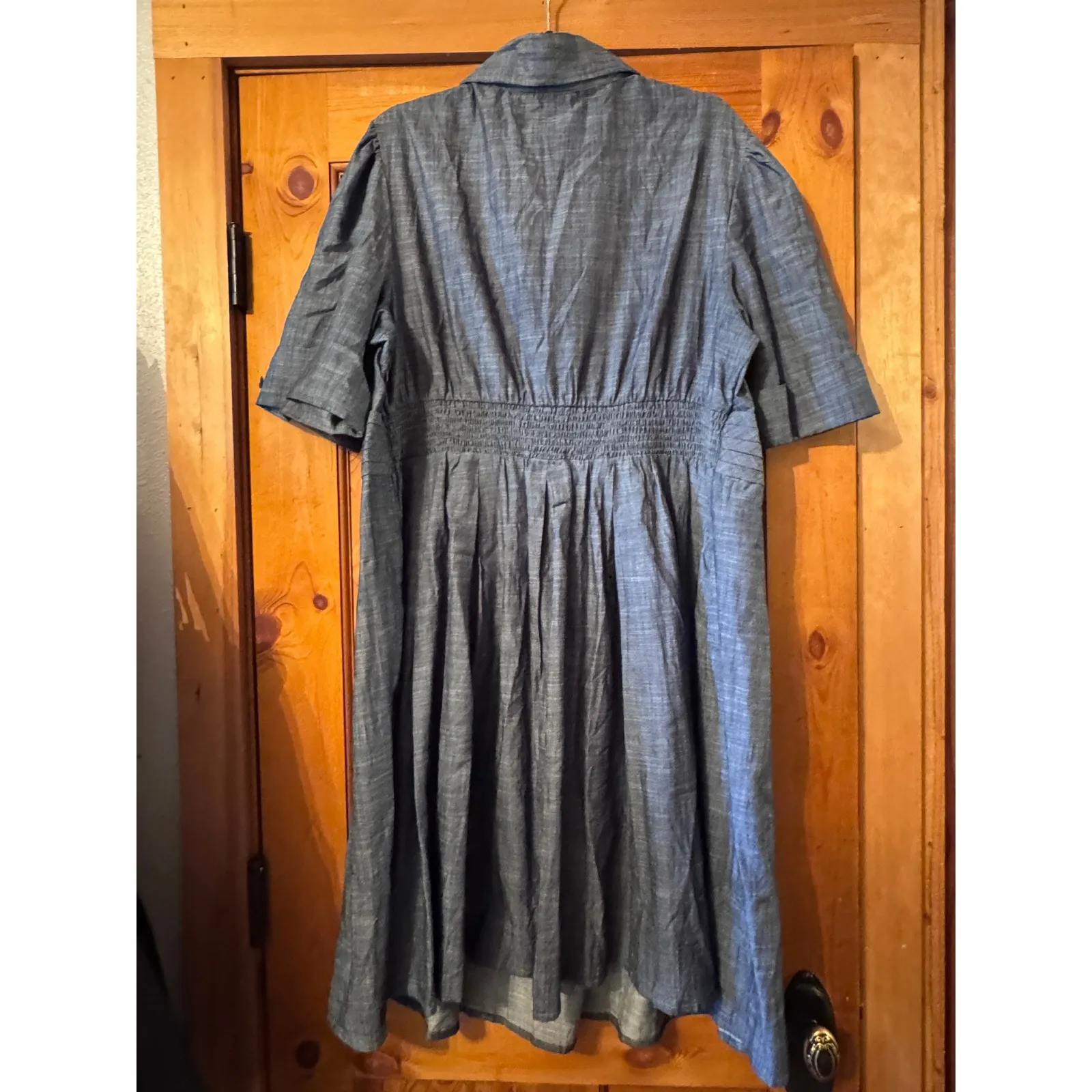 eShakti Chambray Denim Shirtdress 100% Cotton Pleated Fit & Flare POCKETS Modest - Image 8