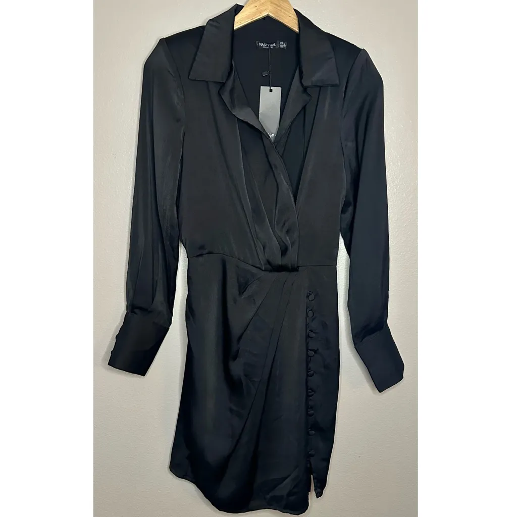 NWT Nasty Gal Button Front Draped Neckline Black Long Sleeved Mini Shirt Dress - Image 5