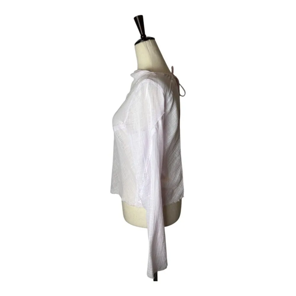 Zara Shirt Women XS Purple Lilac Sheer Raw Seam Detail Tie Neck Open Back Top‎ - Image 4