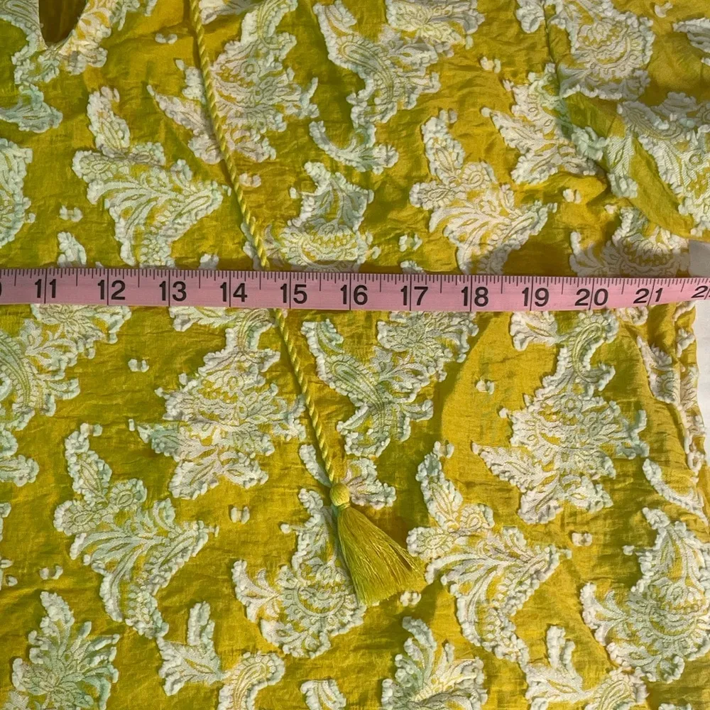 Lemon yellow Jacquard 3D white floral peasant tunic tassel v-neck 3/4 sleeve - Image 7