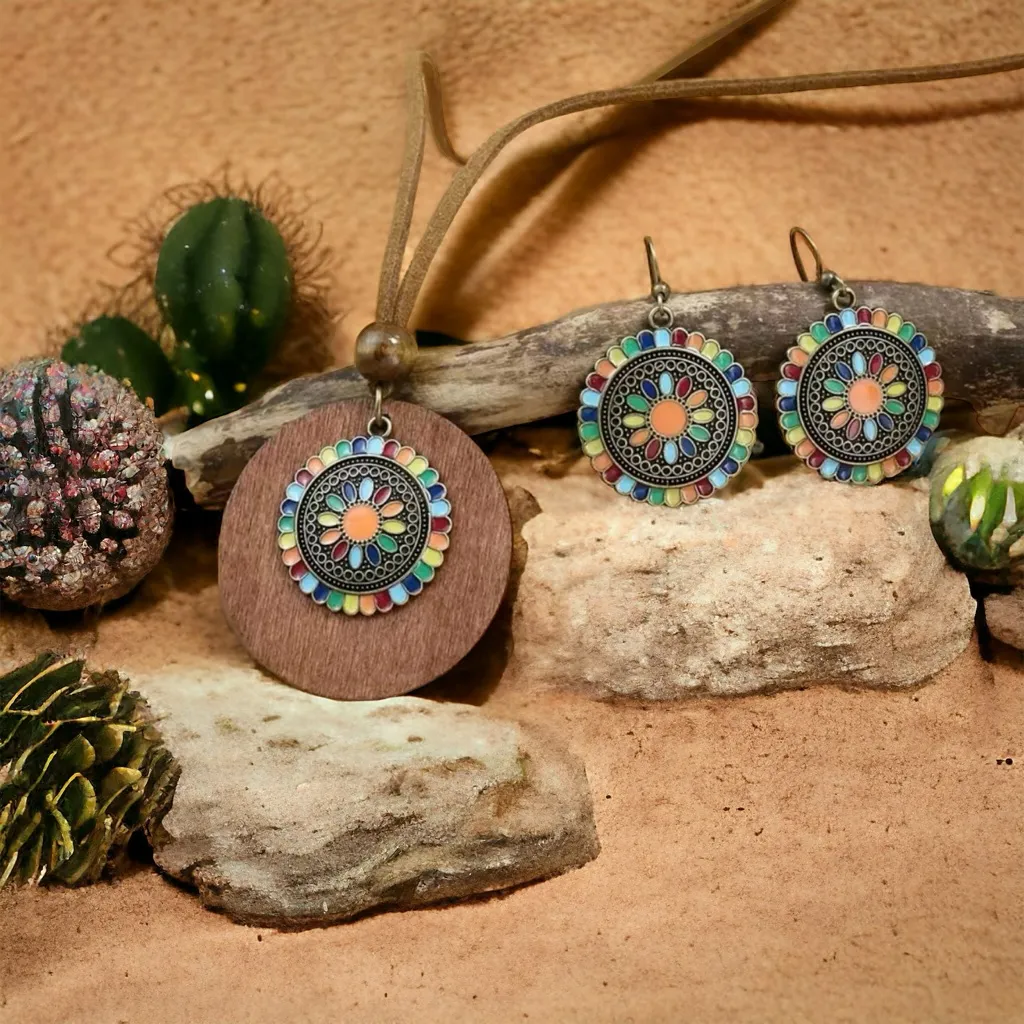 Boho‎ Necklace & Earrings Set Colorful Flower Design Tribal Accessories Tan - Image 5