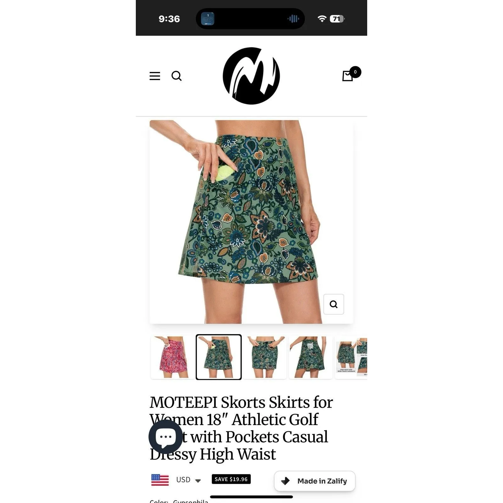 Moteepi Pull On Golf Pickleball Skort Skirt w Shorts Small Pockets Green Floral - Image 5