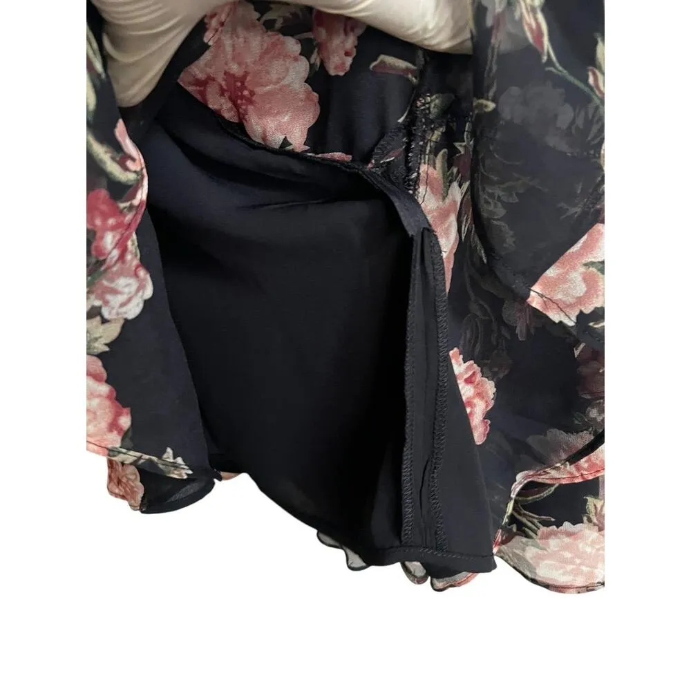 Revolve Bardot Skirt XS Black Floral Ruffled Mini Tiered Trim Chiffon Lined - Image 5