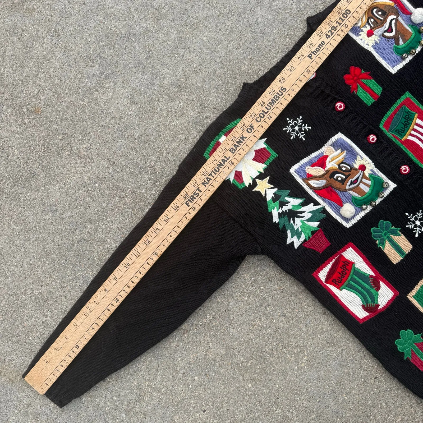 Vintage 90s Yarnworks AOP Rudolph Santa Stockings Tree Christmas Cardigan SMALL Black - Image 8