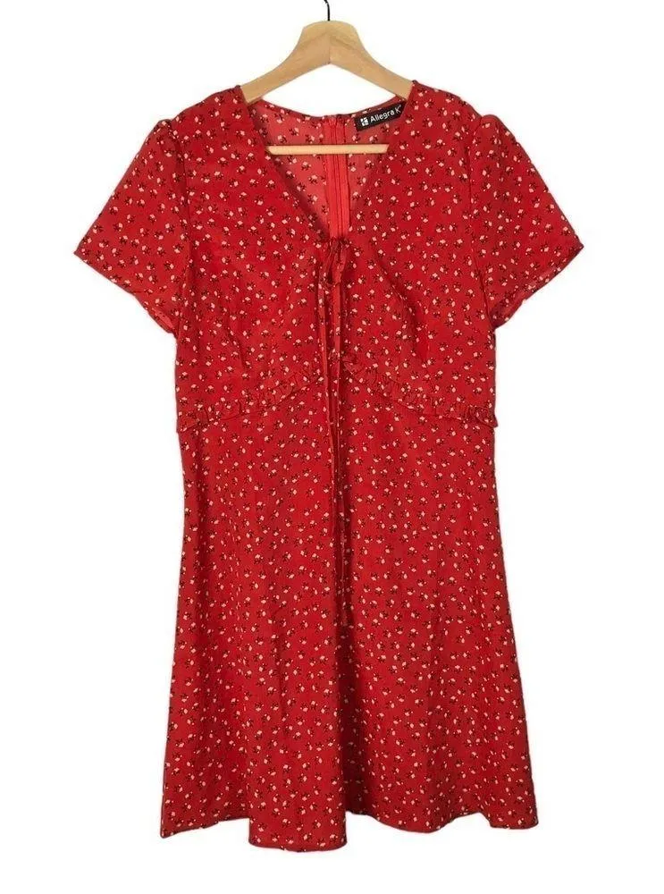 Allegra K Cherry Red Floral Ruffle Trim Short Sleeve Mini Dress S - Image 2