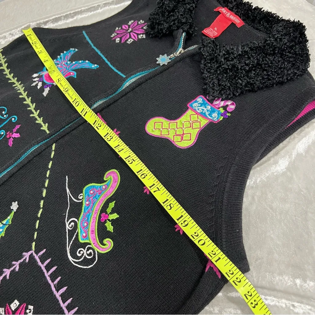 Merry & Bright Christmas black xl holiday Vest full zip sequin embroidered Noel - Image 4