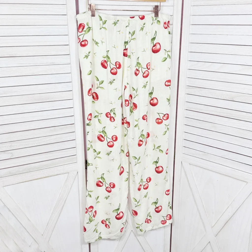 Angel Kiss Cherries Print Linen Blend Wide Leg Palazzo Pants Cream Red Large - Image 2