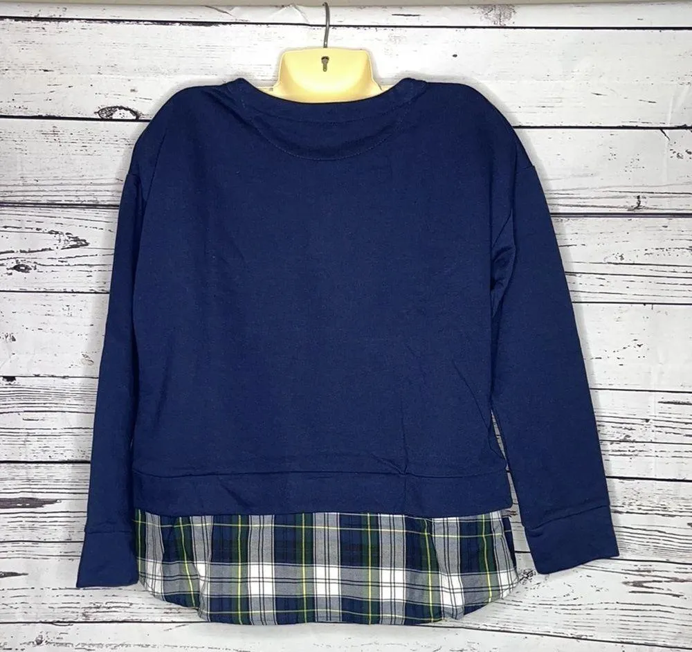 Izod NWT Size L Navy Blue w/ Plaid Layered Look 2-Fer Tie Front Sweatshirt Top - Image 3