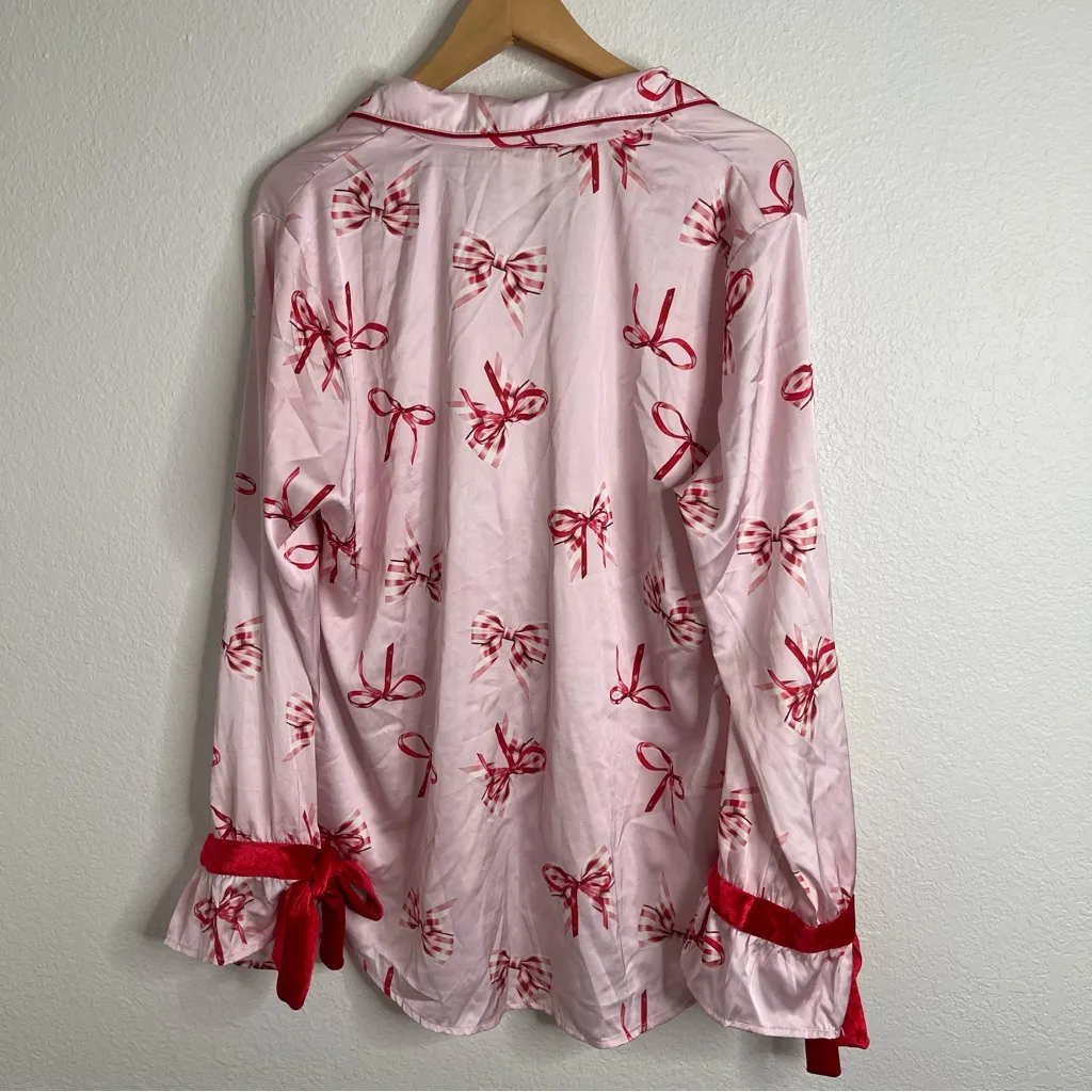 Fantastic Fawn Pajama Button Down Shirt Pink & Red Bow Print Long Sleeve Large - Image 6