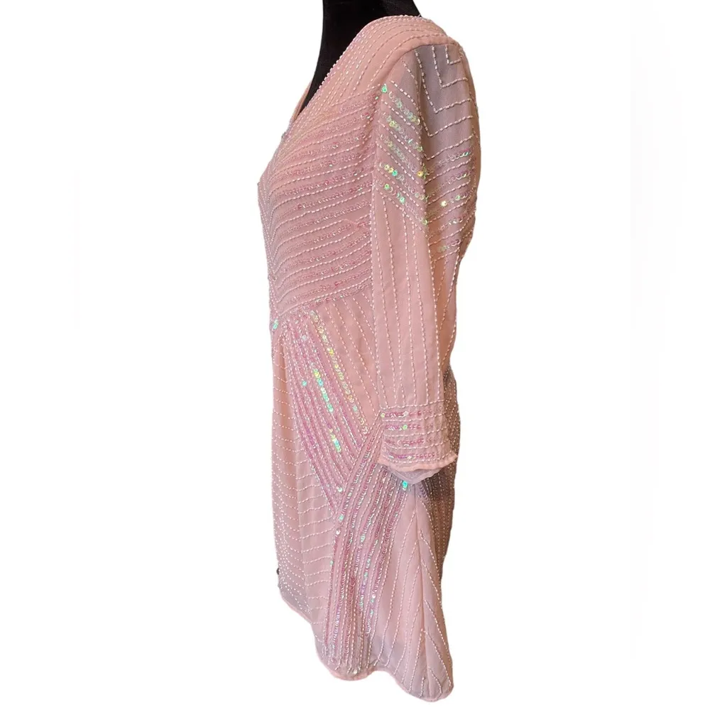 Gianni Bini Light Pink Pearl Beaded Iridescent Sequin Barbie Formal Mini Dress - Image 5