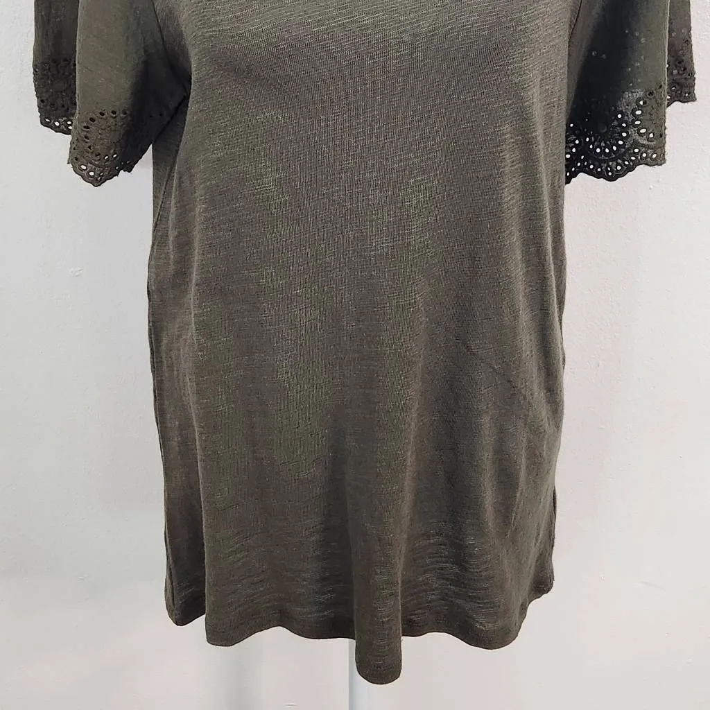 NY Collection Green Knit Top Eyelet Lace Sleeves NWT Size Small Green Blouse - Image 2