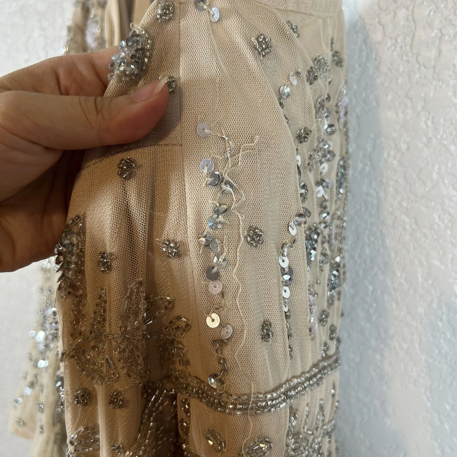 Mac Duggal Gown 14 Embellished Sequin One Shoulder Draped Nude Floral Prom - Image 6